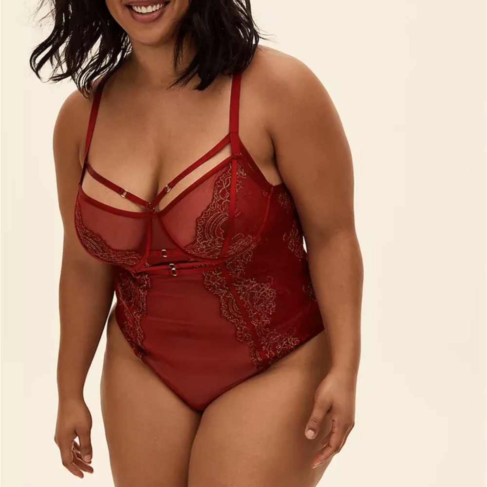 Torrid Red Mesh & Lace Harness Thong Bodysuit